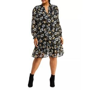 Estelle Delfina Floral Long Sleeve Chiffon Shirtdress In Black, Size 3X, EUC